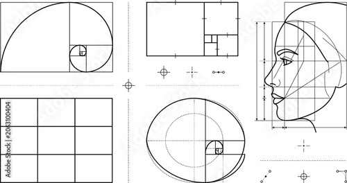 Quadro su tela Golden Ratio Geometry Vector Set with Fibonacci Spiral and Human Face Proportion