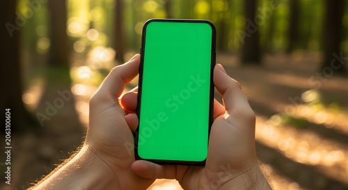Person Holding Smartphone with Green Screen in Forest.