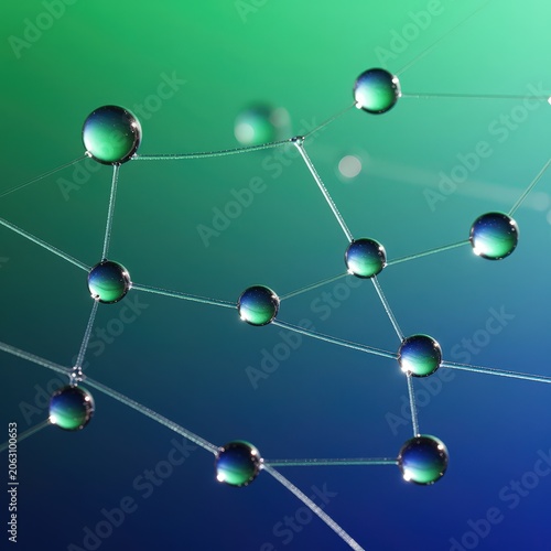 Abstract network of water droplets connected by fine threads against a green and blue gradient. Use: technology background, scientific illustration...