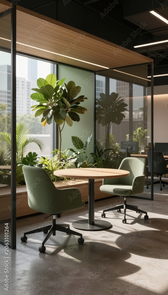 Fototapeta premium Modern office space with plants, chairs, and table, featuring a city view through window. Use: office design, interior magazine, corporate brochure.