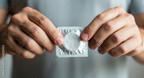 Man holding condom package.