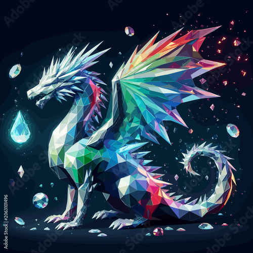 Colorful polygonal dragon with crystals and a blue droplet on a dark background