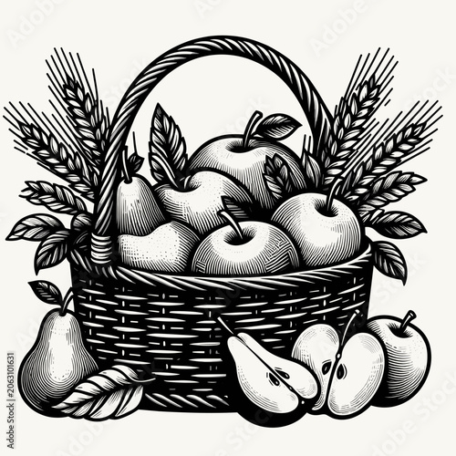 Fruits in a basket, monochrome illustration with decorative elements