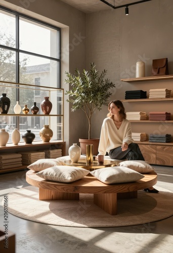 Woman sitting in a modern retail space with shelves of textiles and vases on display. Use: retail display, home decor store, lifestyle advertisement.