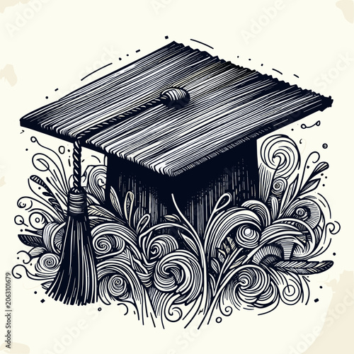 Graduation cap in a decorative, artistic style with swirling foliage