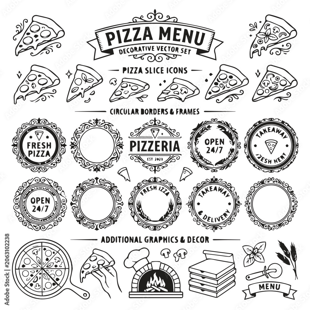 Fototapeta premium Decorative pizza menu vector graphics set with graphics pizzeria decorative
