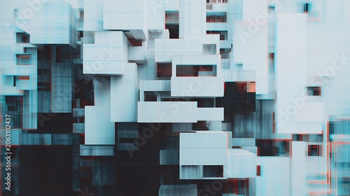 Abstract digital artwork featuring a fragmented, glitch-style architectural structure with a blue and red color overlay.