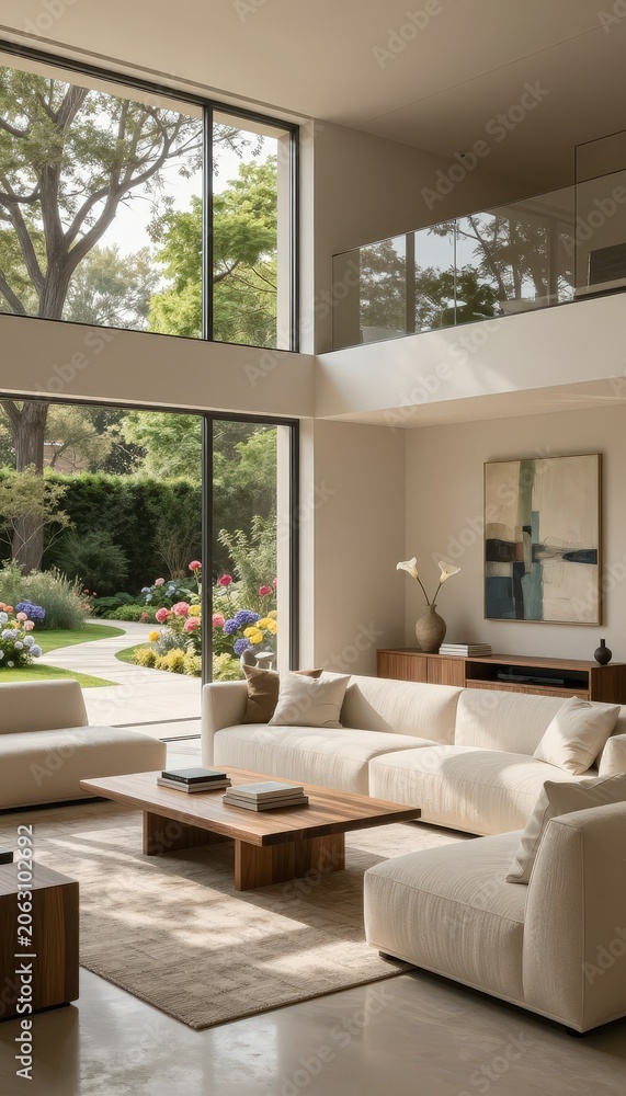 Fototapeta premium Modern living room with large windows overlooking a garden with colorful flowers. Use: interior design, real estate listing, home decor magazine.