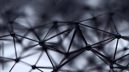 A close-up of a dark, abstract network structure with interconnected nodes and thin rods, symbolizing connections or molecular bonds in a futuristic style.