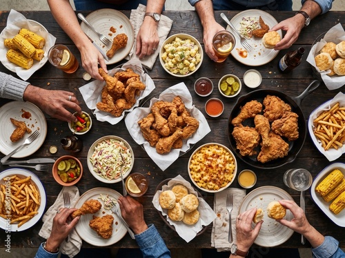 People gathered around a rustic wooden dining table enjoy a hearty feast featuring crispy fried chicken pieces accompanied by delicious golden corn on the cob along with savory potato side