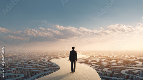 A lone figure stands on a winding path, contemplating their journey ahead