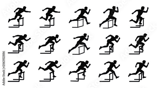 Fotografie Set of 15 Black Silhouette Hurdler Sprinter Running Over Hurdle Icons