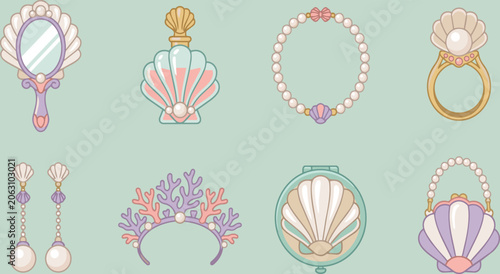 Fotografie Elegant cute perfume bottle and pearl necklace vector illustration, feminine van