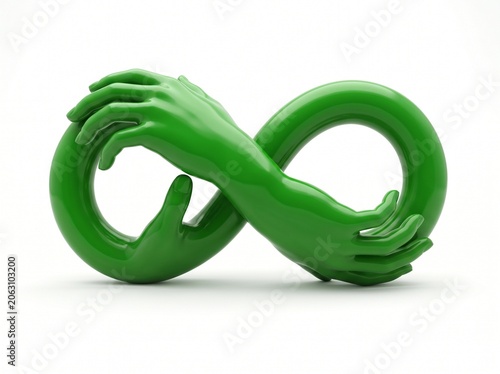 Symbolic representation of interconnectedness and unending connection, abstract green endless loop formed by grasping hands evokes concepts of everlasting unity, perpetual collaboration