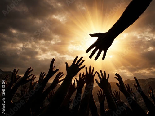 Silhouette of many arms reaching upwards towards a powerful beam of light shining down from a dramatic, cloudy sky, symbolizing hope and salvation