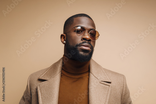 confident man wearing stylish glasses stands boldly with his open coat against clean light beige background