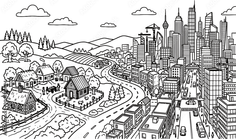 Fototapeta premium Hand drawn city and village landscape vector, urban skyline and rural countryside panorama, black and white coloring page of metropolitan development
