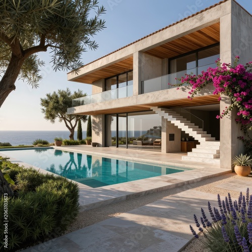 Modern luxury villa with infinity pool and ocean view, surrounded by Mediterranean vegetation. Use: real estate listing, travel brochure, architect...
