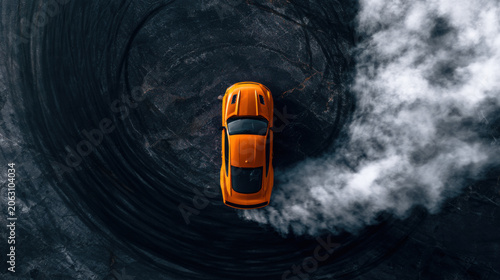 A bright orange car spins in circles on an asphalt track while producing thick clouds of tire smoke. The activity takes place during the day in an open area with large empty space