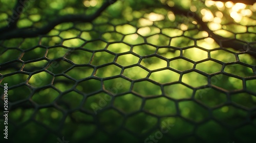 Close-up of a black hexagonal mesh casting shadows on a green leafy background with sunlight filtering through.