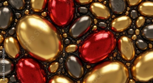 Red gold and silver shiny pebbles on black background  colorful stones and rocks closeup