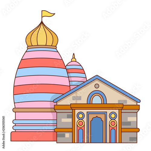 Colorful illustration of a temple building.