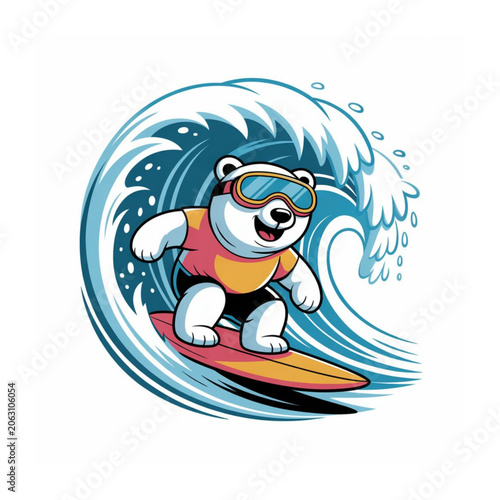 Surfing Polar Bear: A cheerful cartoon polar bear rides a surfboard on a crashing ocean wave, wearing goggles and a bright shirt, embodying a fun summer vibe.