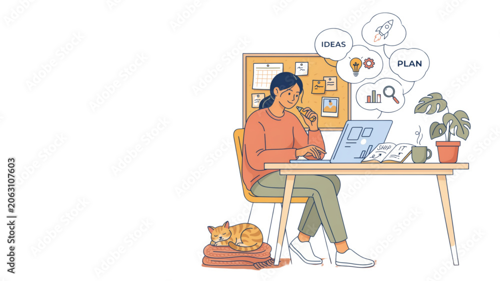 Fototapeta premium Young woman working on laptop at desk in home office with pet cat nearby