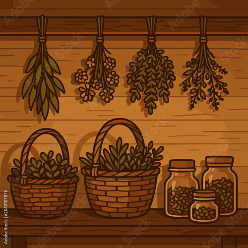 Dried herbs in baskets and jars on wooden shelf, rustic kitchen decor