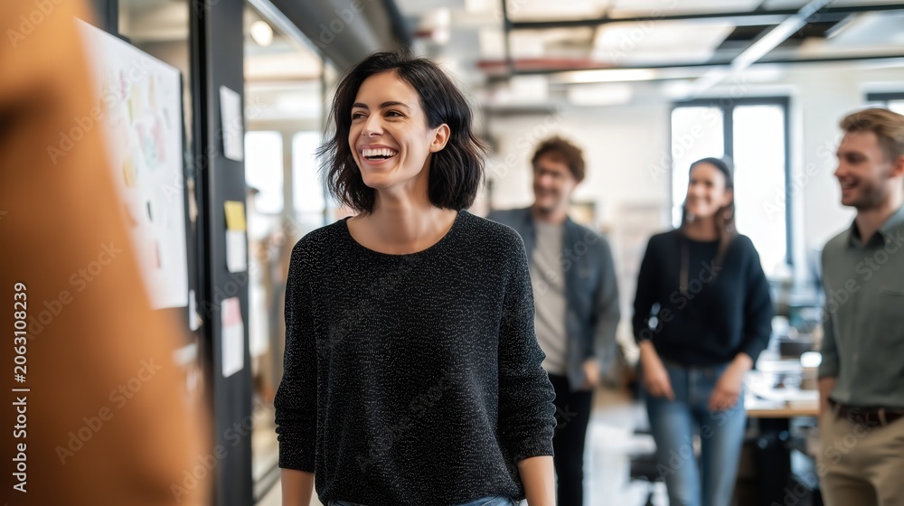 Fototapeta premium A group of young professionals casually interacting in a modern office space, with a woman in the foreground smiling and engaging with colleagues.