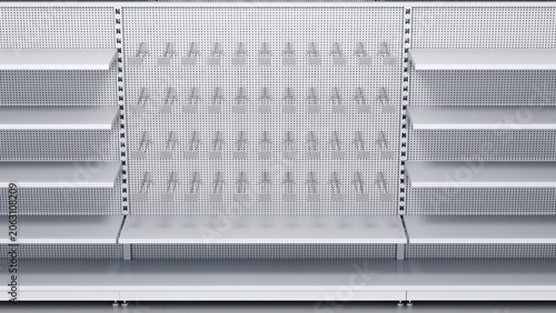 Close-up of supermarket retail displays with metal pegboard, empty shelves, euro hooks with price holders. 3d illustration
