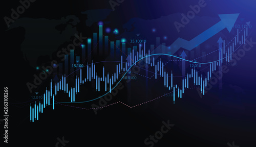 Stock market graph chart. candlestick bright with growth arrow abstract digital financial on technology background. arrow line business result concept. finance glowing success and Investment.