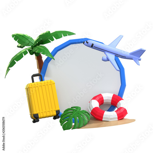 Low Poly Summer Travel Sale Banner with Airplane Suitcase and Lifebuoy