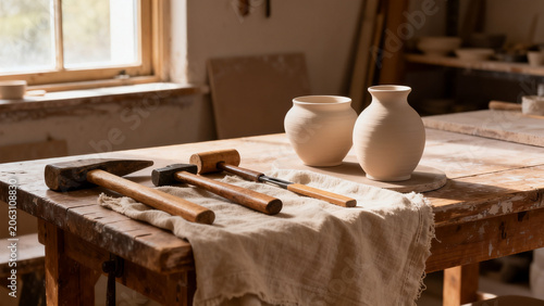 Handmade shop display of generic tools ceramic pieces worktable commercial