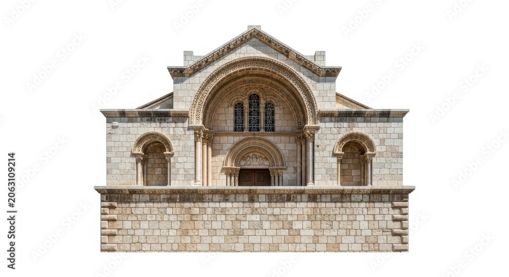Fototapeta premium Romanesque Church Facade with Arches and Windows Ancient Stone Architecture