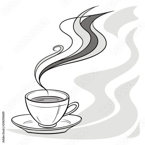 Steaming cup of coffee or hot tea line art illustration with beverage caffeine illustration monochrome minimalist