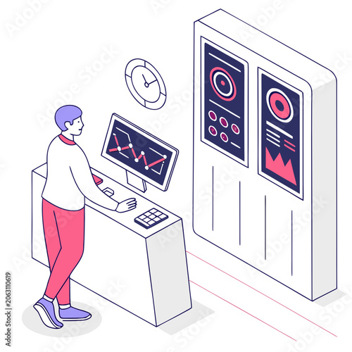 Isometric data analyst working with financial charts and analytics dashboard isometric dashboard business monitoring