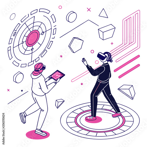 People interacting with virtual reality and holographic interface in isometric view isometric hologram interface