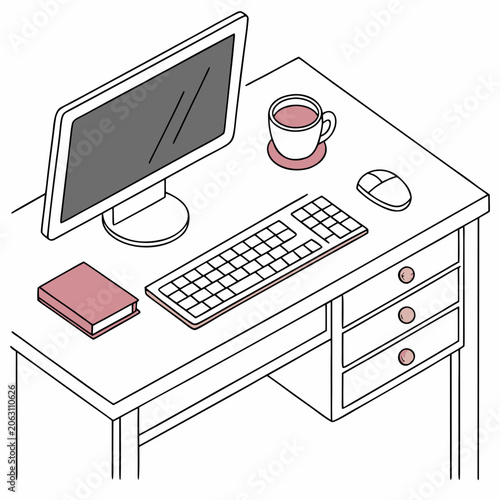 Isometric home office desk workspace illustration with computer and cup isometric computer workspace keyboard