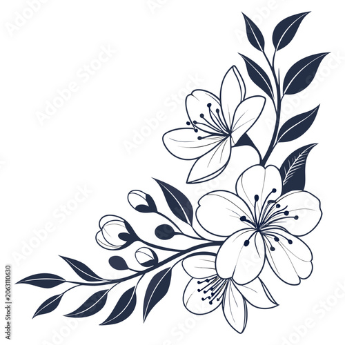 Elegant floral ornament corner illustration with spring blossoms and leaves ornament botanical decoration invitation