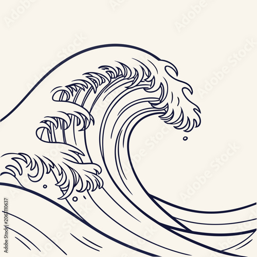 Graphic illustration of a large crashing ocean wave with dark blue outlines on a light cream background, nautical
