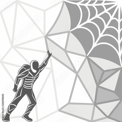 Abstract illustration of a figure climbing or pushing against a geometric surface with a spider web pattern, climbing