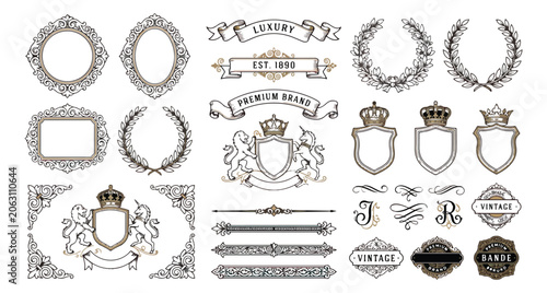 Fotografi Vintage heraldic crests and luxury frames vector set, ornate royal emblems with