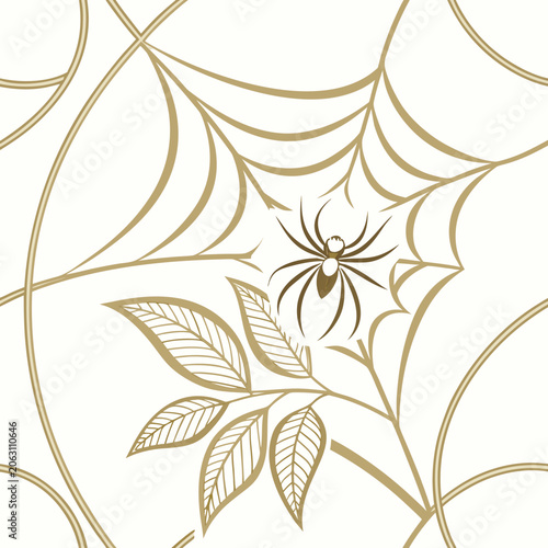 Seamless wallpaper pattern featuring a spider sitting on a web surrounded by leaves in golden tones seamless creature