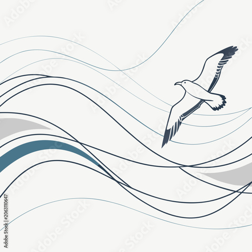 Minimalist graphic illustration of a seagull flying over stylized ocean waves and sea currents with minimalist, seascape