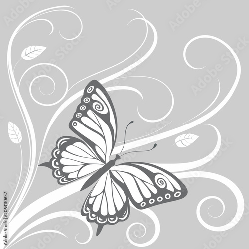 Elegant butterfly resting on decorative floral swirl patterns in a minimalist grayscale design with butterfly, ornament