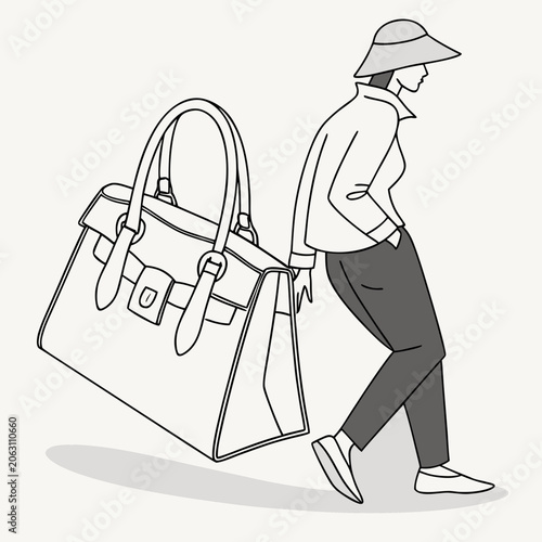 Minimalist outline drawing of a woman walking while carrying a large fashion handbag with accessory shopping clothing