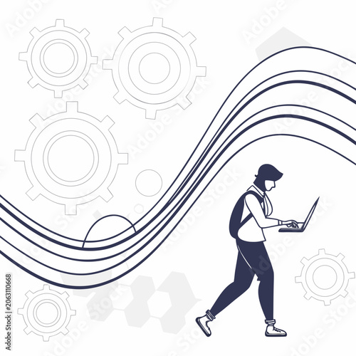 Line art concept of a student walking while using a laptop with industrial gears and wavy abstract lines, technology