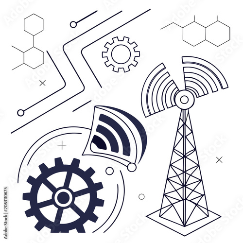 Technical concept graphic featuring radio communication tower gears and molecular structures communication technology
