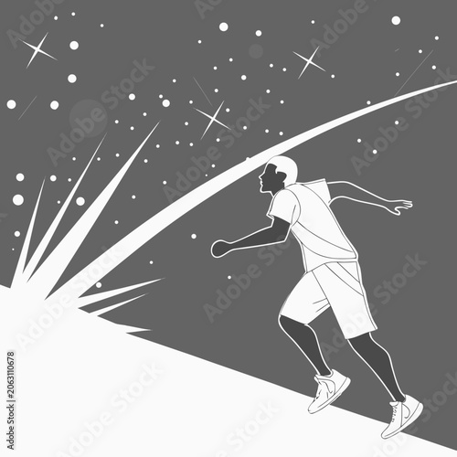 Dynamic silhouette line art illustration of a person running fast towards stars and explosive light with exercise
